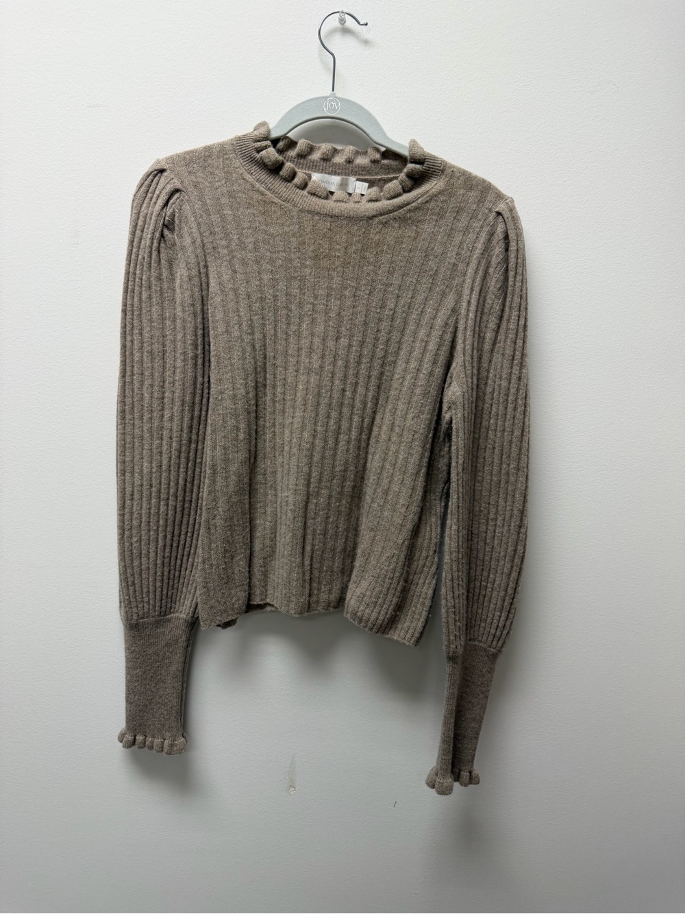 Jonathan Simkhai Taupe Ribbed Knit Sweater with Pom Trim